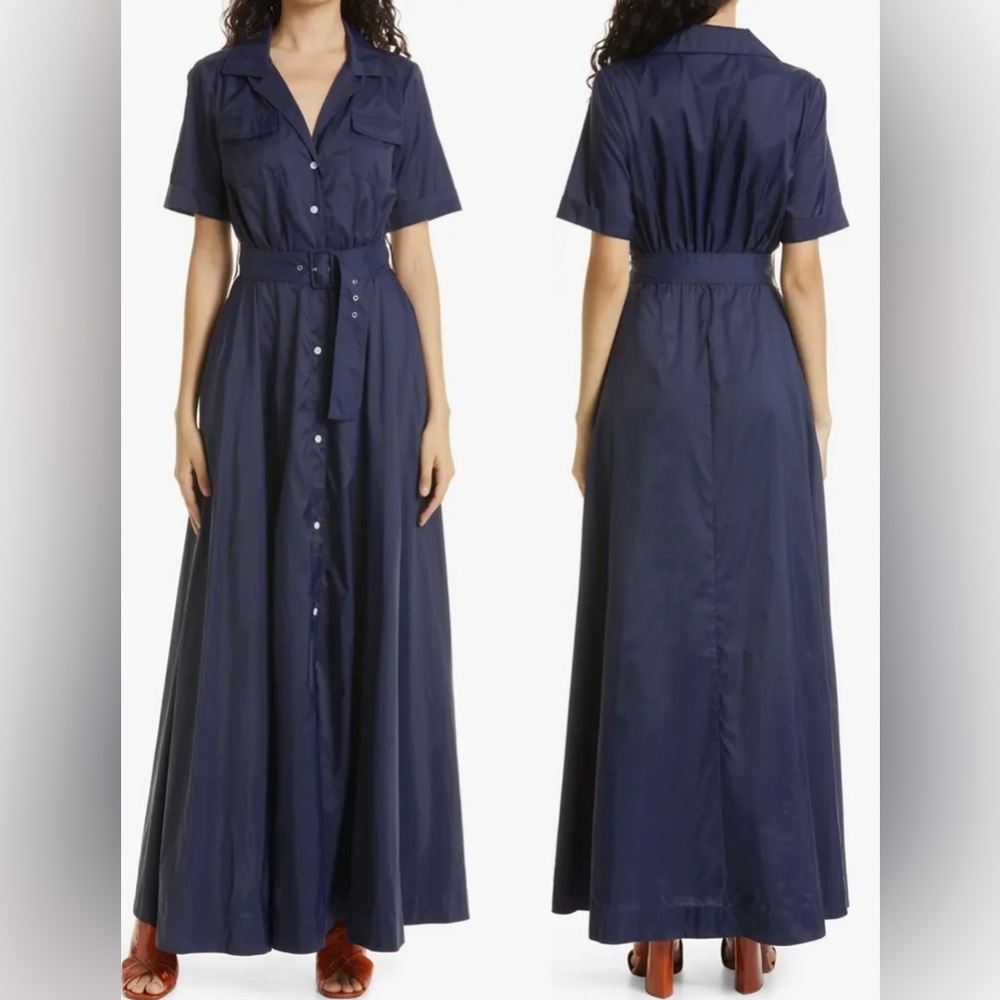 STAUD Navy Blue Button-Front Maxi Shirtdress
